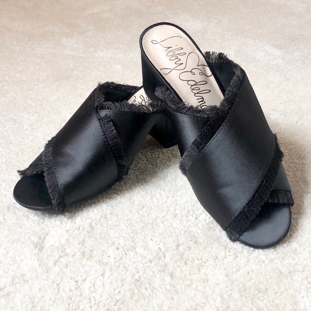 Libby Edelman black satin mules